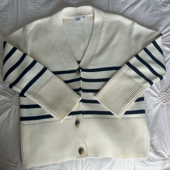 GAP Sweaters - GAP Cream and Navy Striped Cardigan